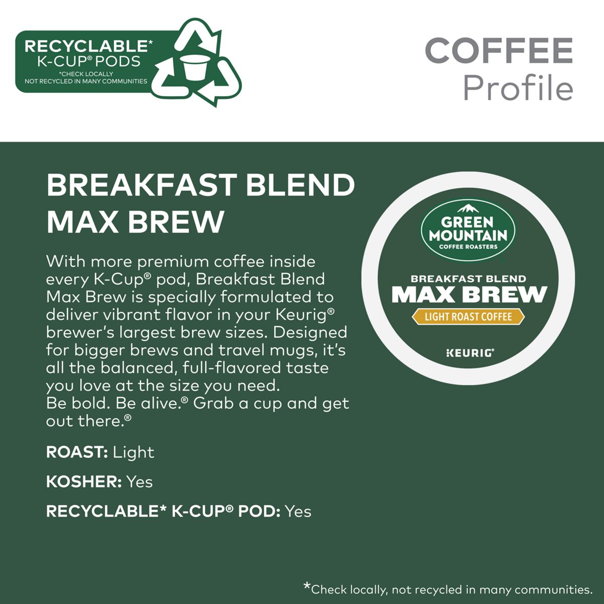 Green Mountain Coffee Roasters Breakfast Blend Max Brew Coffee K-Cup Pods