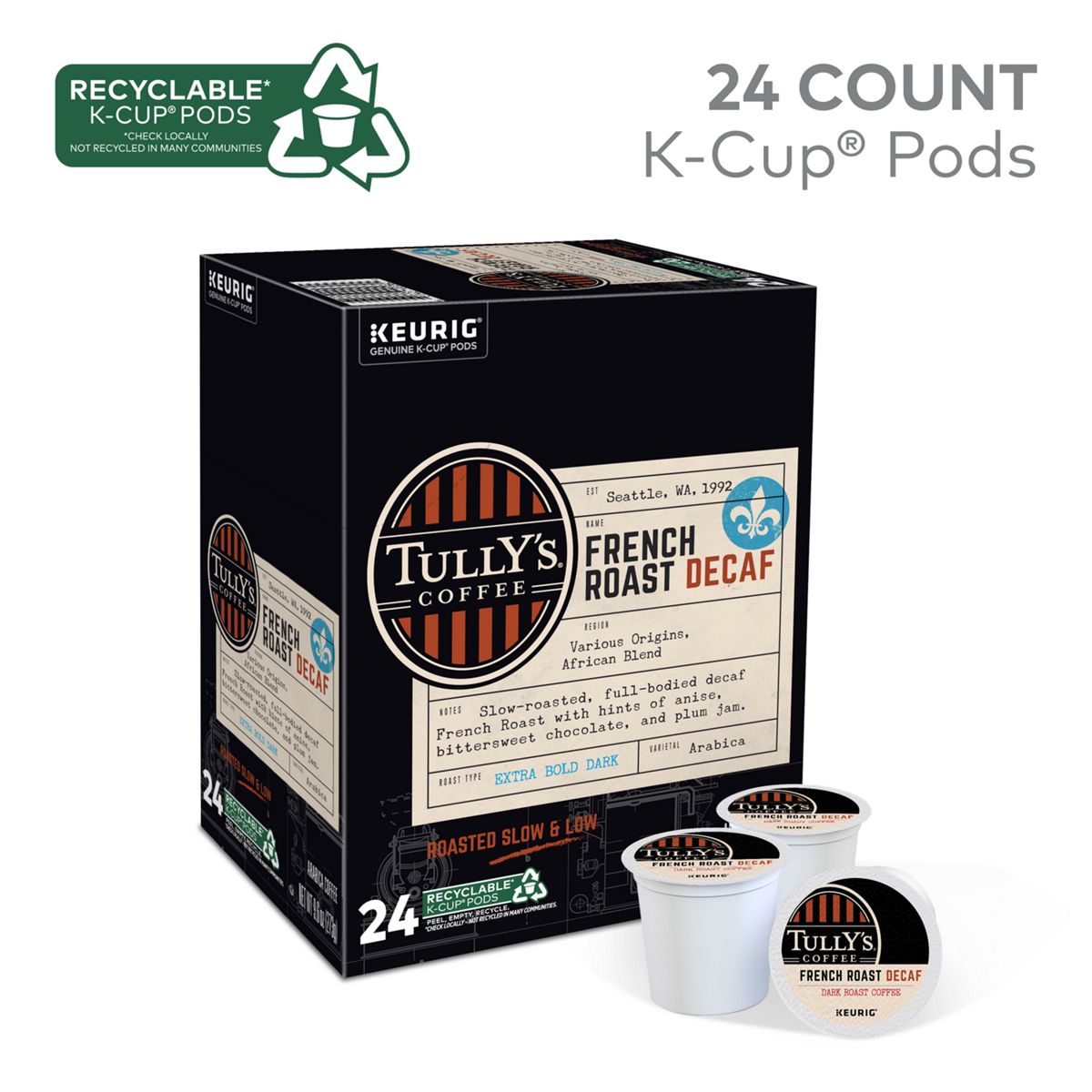 Tully's French Roast Decaf Extra Bold Coffee K-Cup Pods