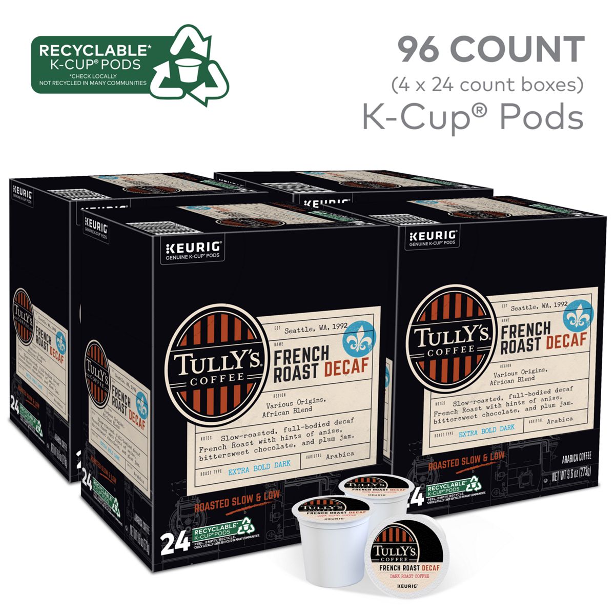 Tully's French Roast Decaf Extra Bold Coffee K-Cup Pods